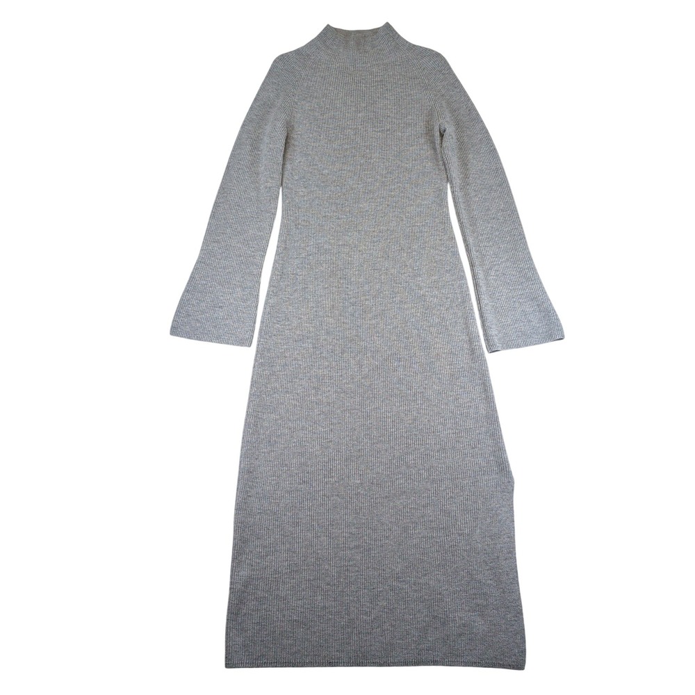 Theory Governor Ribbed Midi Dress Grey Wool Cashmere Mock Neck Bell Sleeve Small